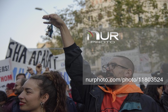 A massive demonstration takes place through the streets of Barcelona, Spain, on November 23, 2024, to protest against rising rents and for t...