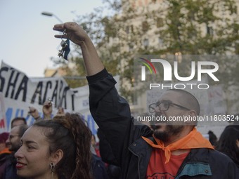 A massive demonstration takes place through the streets of Barcelona, Spain, on November 23, 2024, to protest against rising rents and for t...