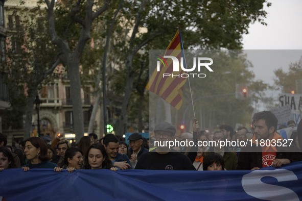 A massive demonstration takes place through the streets of Barcelona, Spain, on November 23, 2024, to protest against rising rents and for t...