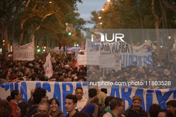 A massive demonstration takes place through the streets of Barcelona, Spain, on November 23, 2024, to protest against rising rents and for t...