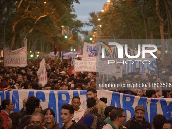 A massive demonstration takes place through the streets of Barcelona, Spain, on November 23, 2024, to protest against rising rents and for t...