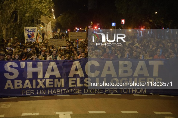 A massive demonstration takes place through the streets of Barcelona, Spain, on November 23, 2024, to protest against rising rents and for t...