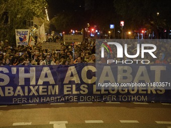 A massive demonstration takes place through the streets of Barcelona, Spain, on November 23, 2024, to protest against rising rents and for t...