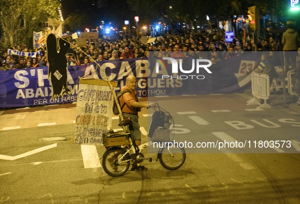 A massive demonstration takes place through the streets of Barcelona, Spain, on November 23, 2024, to protest against rising rents and for t...