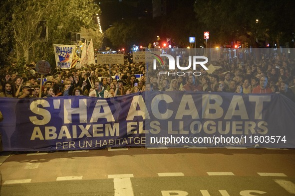 A massive demonstration takes place through the streets of Barcelona, Spain, on November 23, 2024, to protest against rising rents and for t...