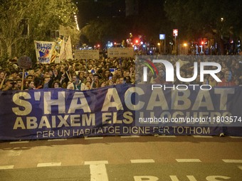 A massive demonstration takes place through the streets of Barcelona, Spain, on November 23, 2024, to protest against rising rents and for t...