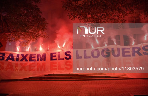 A massive demonstration takes place through the streets of Barcelona, Spain, on November 23, 2024, to protest against rising rents and for t...