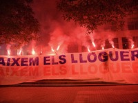 A massive demonstration takes place through the streets of Barcelona, Spain, on November 23, 2024, to protest against rising rents and for t...