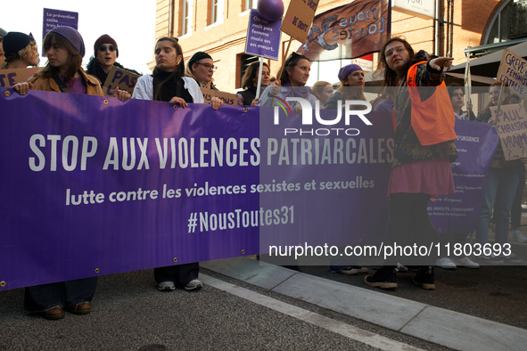 The banner reads 'Stop to patriarchal violences'. Women from the collective NousToutes and other organizations such as SUD or Amnesty Intern...