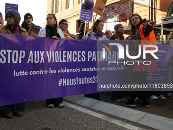 The banner reads 'Stop to patriarchal violences'. Women from the collective NousToutes and other organizations such as SUD or Amnesty Intern...