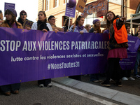 The banner reads 'Stop to patriarchal violences'. Women from the collective NousToutes and other organizations such as SUD or Amnesty Intern...