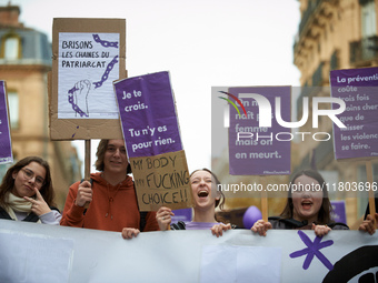 Protesters react. Women from the collective NousToutes and other organizations such as SUD or Amnesty International organize a nationwide ma...