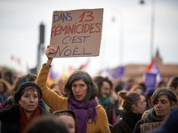 A woman displays a placard reading 'In 13 feminicides, it's Christmas'. Women from the collective NousToutes and other organizations such as...