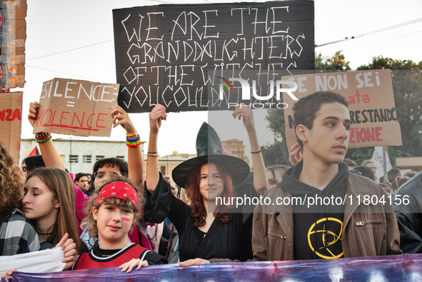 The ''Non Una Di Meno'' movement holds a demonstration named ''Disarm the Patriarchy'' in Rome, Italy, on November 23, 2024. Thousands of pe...