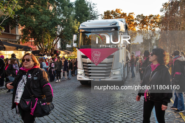 The ''Non Una Di Meno'' movement holds a demonstration named ''Disarm the Patriarchy'' in Rome, Italy, on November 23, 2024. Thousands of pe...