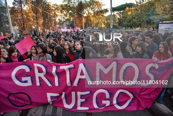 The ''Non Una Di Meno'' movement holds a demonstration named ''Disarm the Patriarchy'' in Rome, Italy, on November 23, 2024. Thousands of pe...