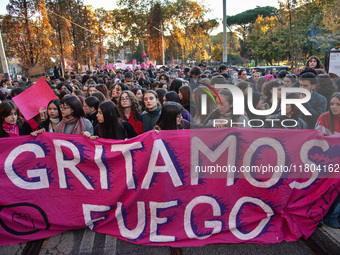 The ''Non Una Di Meno'' movement holds a demonstration named ''Disarm the Patriarchy'' in Rome, Italy, on November 23, 2024. Thousands of pe...