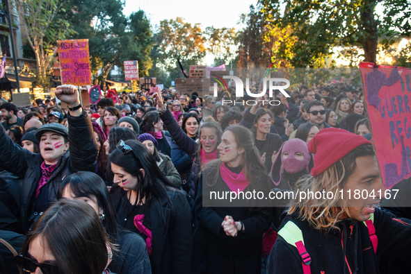 The ''Non Una Di Meno'' movement holds a demonstration named ''Disarm the Patriarchy'' in Rome, Italy, on November 23, 2024. Thousands of pe...