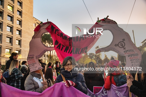 The ''Non Una Di Meno'' movement holds a demonstration named ''Disarm the Patriarchy'' in Rome, Italy, on November 23, 2024. Thousands of pe...