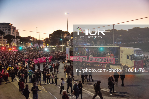 The ''Non Una Di Meno'' movement holds a demonstration named ''Disarm the Patriarchy'' in Rome, Italy, on November 23, 2024. Thousands of pe...