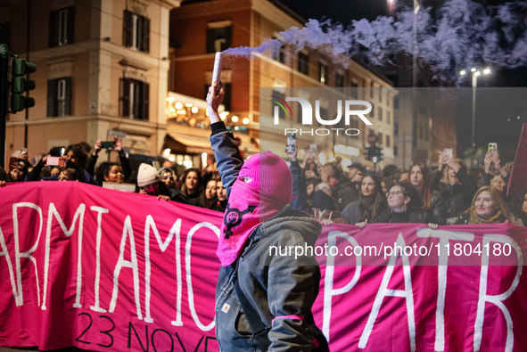 The ''Non Una Di Meno'' movement holds a demonstration named ''Disarm the Patriarchy'' in Rome, Italy, on November 23, 2024. Thousands of pe...