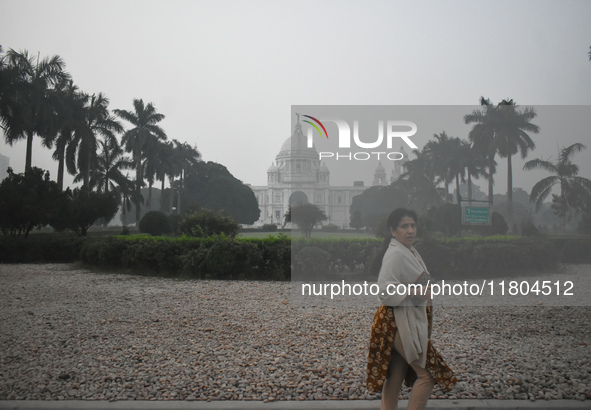 A woman walks inside a park on a foggy winter morning in Kolkata, India, on November 24, 2024. 