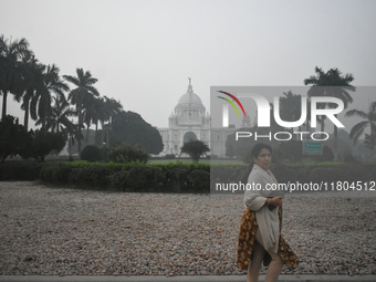 A woman walks inside a park on a foggy winter morning in Kolkata, India, on November 24, 2024. (