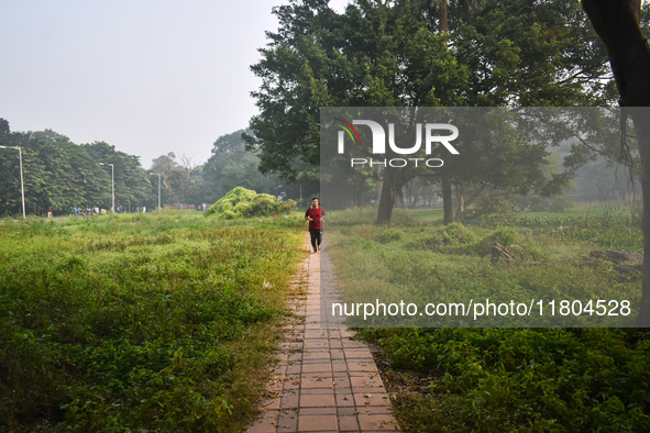 A person runs inside a park in Kolkata, India, on November 24, 2024, on a winter morning. 