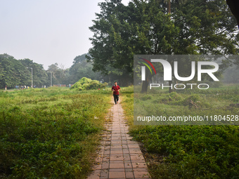 A person runs inside a park in Kolkata, India, on November 24, 2024, on a winter morning. (