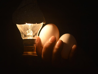 A vendor checks eggs against the light while selling eggs inside a wholesale market in Kolkata, India, on November 24, 2024. (