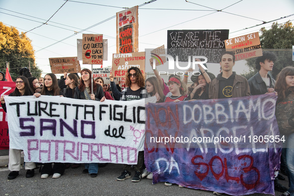 The ''Non Una Di Meno'' movement holds a demonstration named ''disarm the patriarchy'' in Rome, Italy, on November 23, 2024. Thousands of pe...