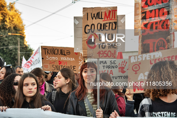 The ''Non Una Di Meno'' movement holds a demonstration named ''disarm the patriarchy'' in Rome, Italy, on November 23, 2024. Thousands of pe...