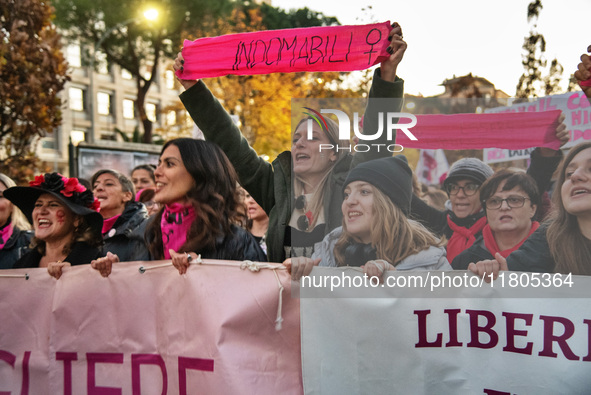 The ''Non Una Di Meno'' movement holds a demonstration named ''disarm the patriarchy'' in Rome, Italy, on November 23, 2024. Thousands of pe...