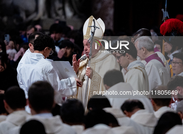 Pope Francis blesses a believer during a mass on World Youth Day at St. Peter's Basilica in The Vatican, on November 24, 2024. 