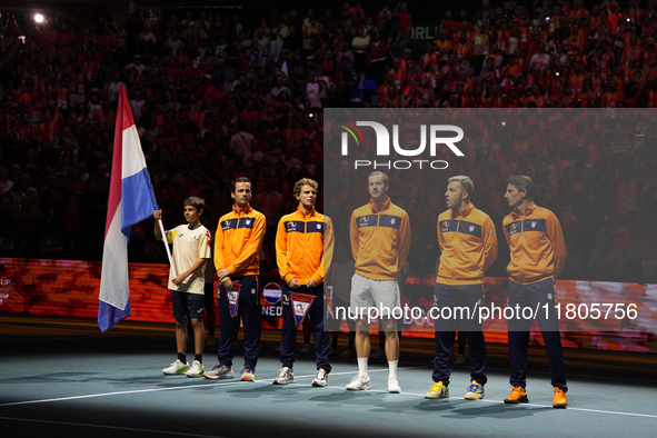 MALAGA, SPAIN - NOVEMBER 19: Netherlands Team pose prior the Quarter-Final tie between Netherlands and Spain during the Davis Cup Final at P...