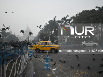 A yellow taxi moves on the road on a smoggy morning due to air pollution in Kolkata, India, on November 24, 2024. (