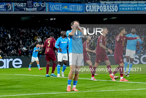 Khvicha Kvaratskhelia of SSC Napoli looks dejected during the serie Serie A Enilive match between SSC Napoli and AS Roma at Stadio Diego Arm...