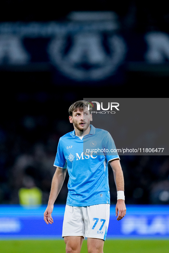 Khvicha Kvaratskhelia of SSC Napoli looks on during the serie Serie A Enilive match between SSC Napoli and AS Roma at Stadio Diego Armando M...