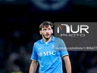 Khvicha Kvaratskhelia of SSC Napoli looks on during the serie Serie A Enilive match between SSC Napoli and AS Roma at Stadio Diego Armando M...