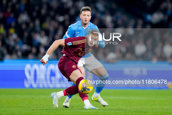 Amir Rrahmani of SSC Napoli and Artem Dovbyk of AS Roma compete for the ball during the serie Serie A Enilive match between SSC Napoli and A...