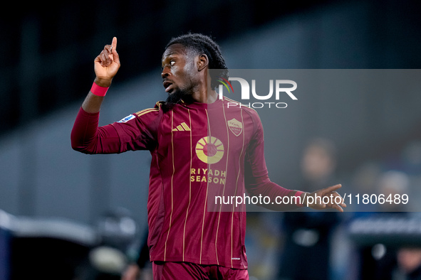 Manu Kone' of AS Roma gestures during the serie Serie A Enilive match between SSC Napoli and AS Roma at Stadio Diego Armando Maradona on Nov...