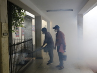 A man sprays insecticide to kill mosquitoes in Dhaka, Bangladesh, on November 24, 2024. At least eleven dengue patients die in the last 24 h...