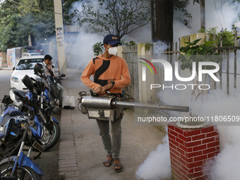 A man sprays insecticide to kill mosquitoes in Dhaka, Bangladesh, on November 24, 2024. At least eleven dengue patients die in the last 24 h...