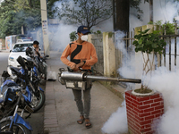 A man sprays insecticide to kill mosquitoes in Dhaka, Bangladesh, on November 24, 2024. At least eleven dengue patients die in the last 24 h...