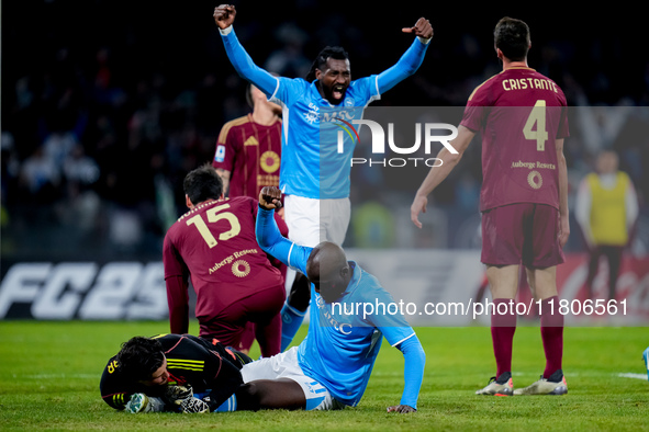 Romelu Lukaku of SSC Napoli celebrates after scoring first goal during the serie Serie A Enilive match between SSC Napoli and AS Roma at Sta...