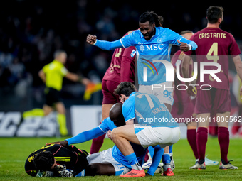 Romelu Lukaku of SSC Napoli celebrates after scoring first goal during the serie Serie A Enilive match between SSC Napoli and AS Roma at Sta...