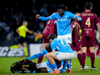 Romelu Lukaku of SSC Napoli celebrates after scoring first goal during the serie Serie A Enilive match between SSC Napoli and AS Roma at Sta...