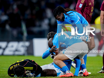 Romelu Lukaku of SSC Napoli celebrates after scoring first goal during the serie Serie A Enilive match between SSC Napoli and AS Roma at Sta...