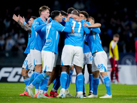 Romelu Lukaku of SSC Napoli celebrates after scoring first goal during the serie Serie A Enilive match between SSC Napoli and AS Roma at Sta...