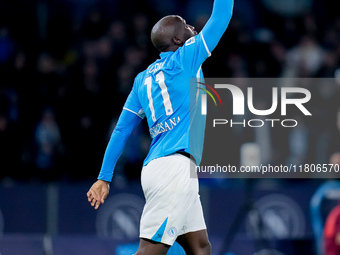 Romelu Lukaku of SSC Napoli celebrates after scoring first goal during the serie Serie A Enilive match between SSC Napoli and AS Roma at Sta...